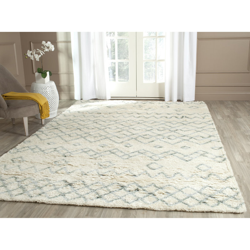 Powell Hand Tufted Nz Wool/Cotton Geometric Rug in Beige/Blue, Rectangle 9' x 12'