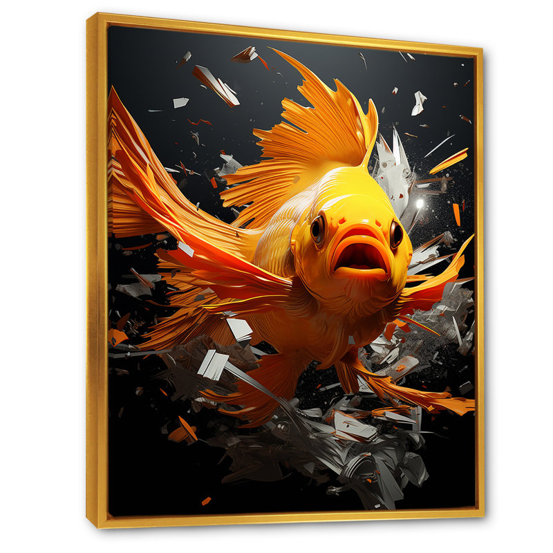«Orange Butterfly Fish Ocean Dance III», art mural poisson papillon, Cadre flottant doré, 20" H x 12" W