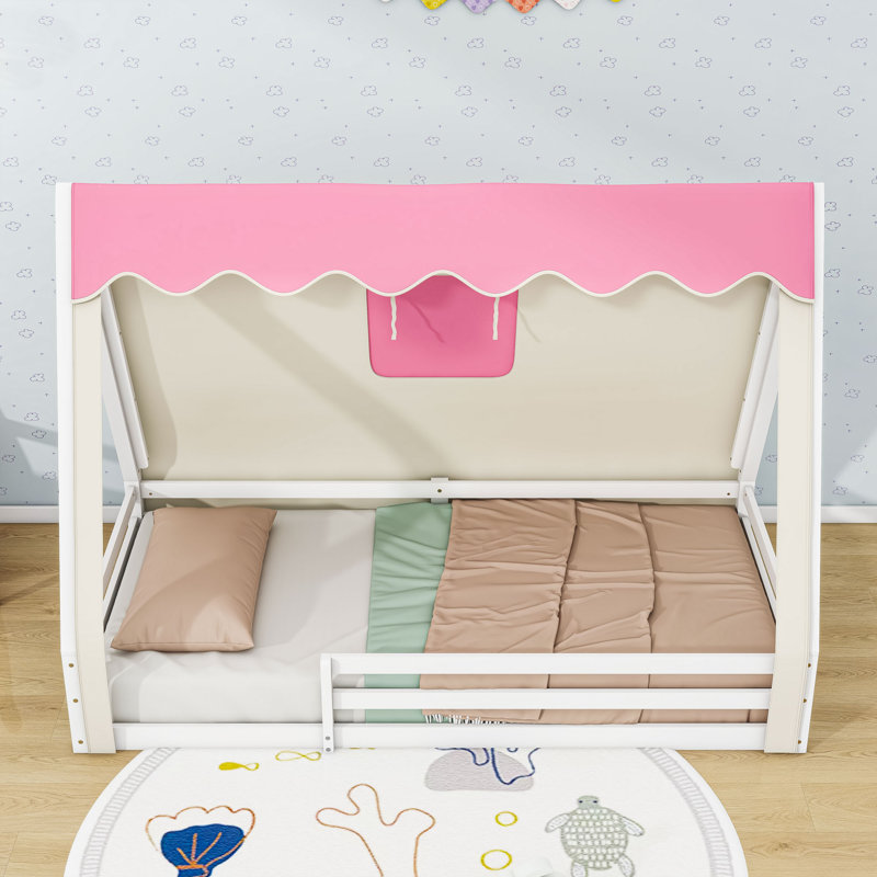 Lit sur pied Montessori House avec tente, lumières et garde-corps pleine longueur, Lit simple, Rose blanc
