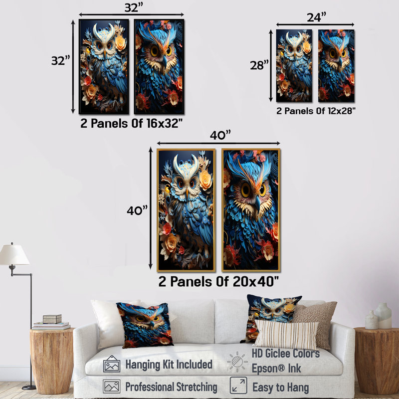 Mysterious Owl Blooms - ensemble de 2 impressions sur toile de hibou, Toile tendue, H 40 po x l 41 po