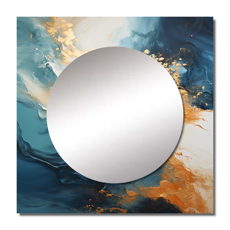 Brenli - grand miroir carré moderne bord de mer bleu et doré, 36 po x 36 po
