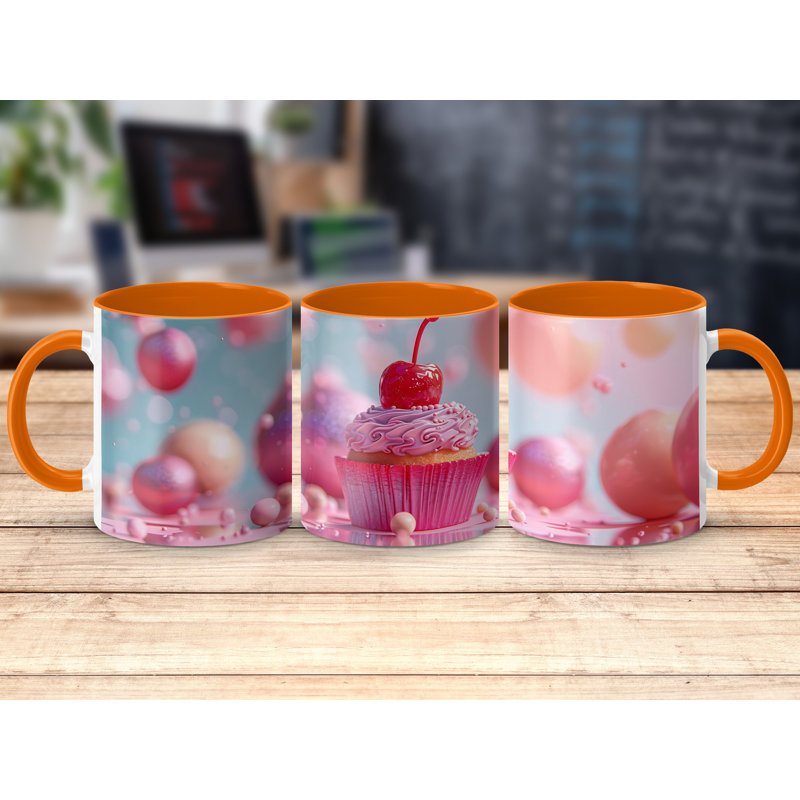 Set of 4 3D Design 11oz Accent Mugs – Ceramic Coffee Cups with an Orange Handle and Interior