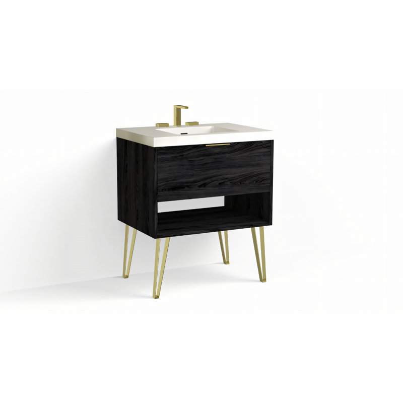 Modo 30" W Freestanding Single Bathroom Vanity with Dawson Leg, Gloss White/8" Widespread, Charred, Satin Brass
