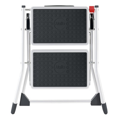 Mini escabeau en acier Hailo Mk60 - deux grandes marches antidérapantes, capacité de 330 lb - bouton de déverrouillage de sécurité, poignée de transport - rangement facile
