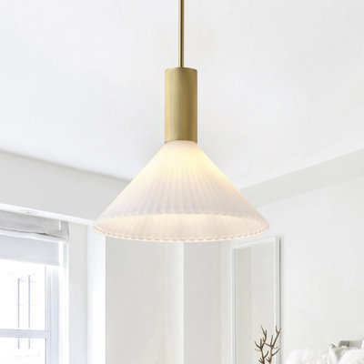 1-Light Polished Gold Pendant with White Pleated Glass Cone Shade, Adjustable Rod, ETL Listed