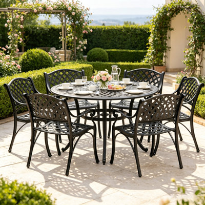 Ensemble de salle à manger d'extérieur 7 pièces (table et chaises), table de conversation pour patio avec trou pour parasol de 5,8 cm, ensemble de salle à manger d'extérieur avec 6 chaises