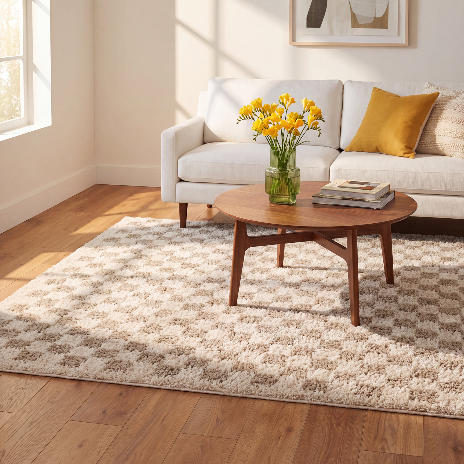 Walker Beige Checkered Shag Rug, Rectangle 7'10" x 10'