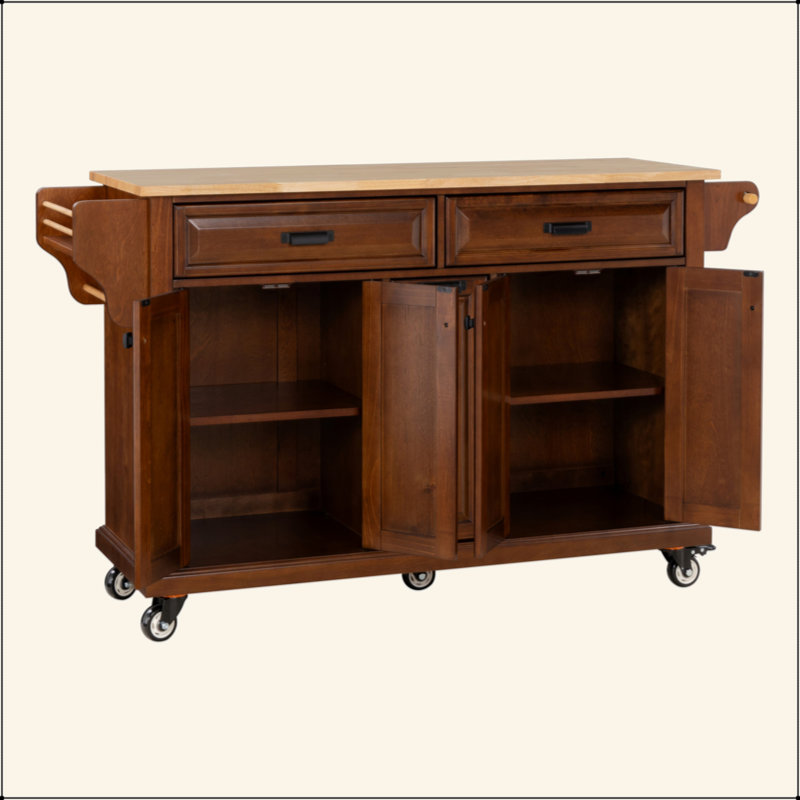 Kitchen Island With Rubber Wood Countertop, Kitchen Cart On 5 Wheels With Storage Cabinet And 2 Top Drawers And A Center Double Layered Storage Drawer For Dinning Room
