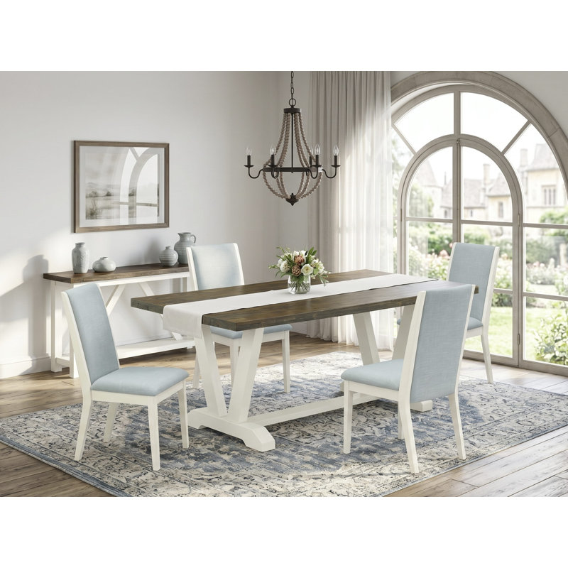 Cet ensemble de salle à manger 5 pièces comprend une table de salle à manger Jacobean vieillie et 4 chaises Parson en lin bleu bébé avec dossier haut - Lin brossé blanc