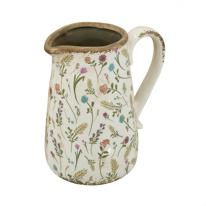 Vintage French Floral Ceramic Pitcher Vase for Flowers
