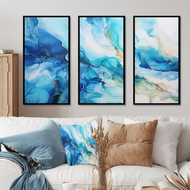 Encre liquide océan bleu et blanc - formes abstraites, ensemble d'art sur toile, Cadre flottant noir