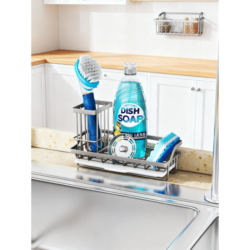Porte-éponge en acier inoxydable pour évier de cuisine avec ramasse-gouttes amovible, organisateur de panier d'évier pour éponge, savon à vaisselle et brosse, conception à emplacements multiples pour comptoir ou robinet