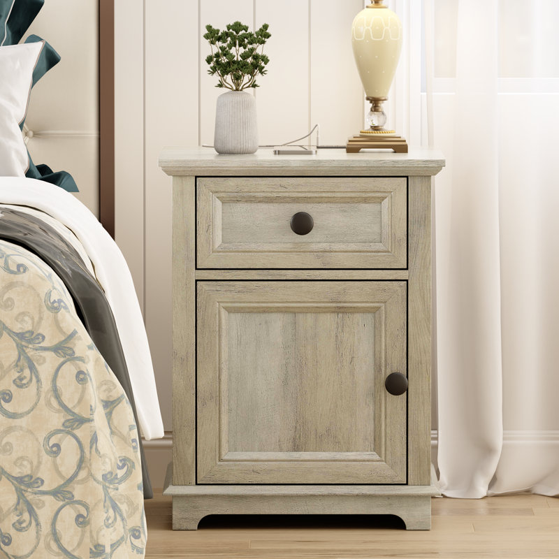 Azella 1-Drawer Frame End Table Set with Storage and Built-In Outlets, Split Oak