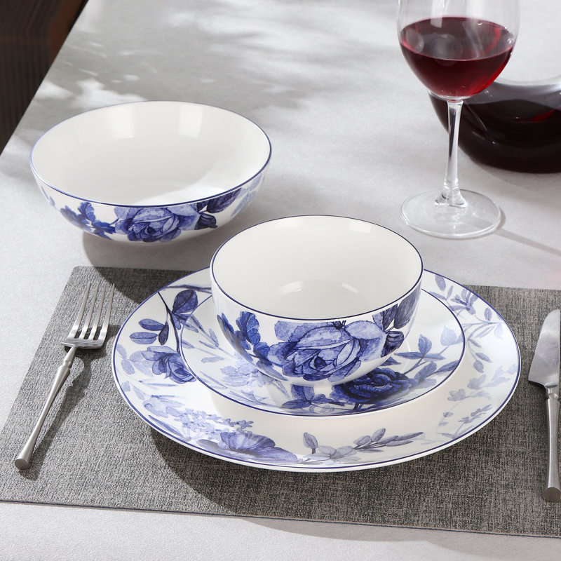  Service de table 20 pièces Bone China, service pour 4, floral bleu, va au micro-ondes et au lave-vaisselle