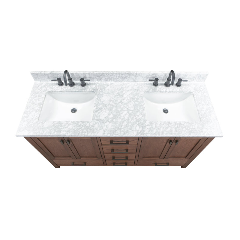 Modero 60" Double Bathroom Vanity with Top, Mocha Oak, Carrara White, Black
