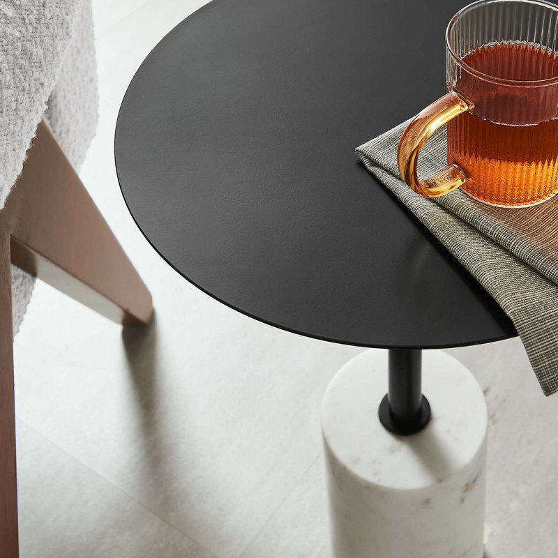 Black Iron Round Side Table with White Marble Base