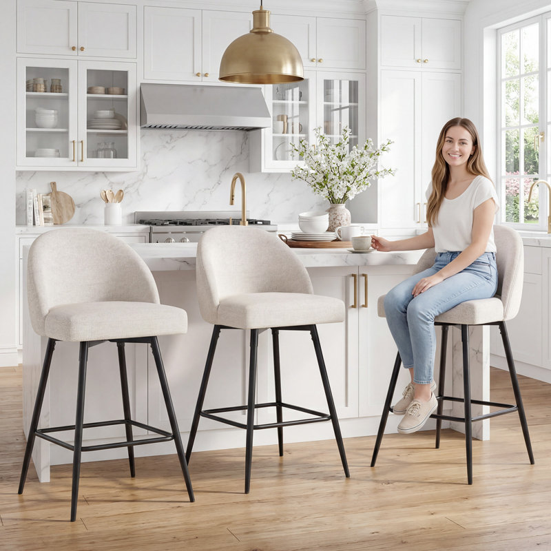 Ensemble de 3 tabourets de bar pivotants Levick, tabourets de bar à hauteur de comptoir avec dossier et pieds en métal - Beige
