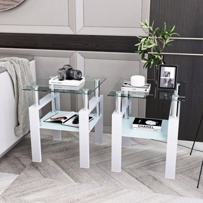 Tempered Clear Glass End Table, 2-Layers Small Table With Storage, Living Room Side Table