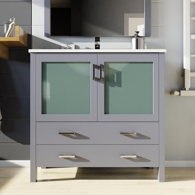 Ensemble de meuble-lavabo avec comptoir en céramique blanche et robinet, Gris foncé