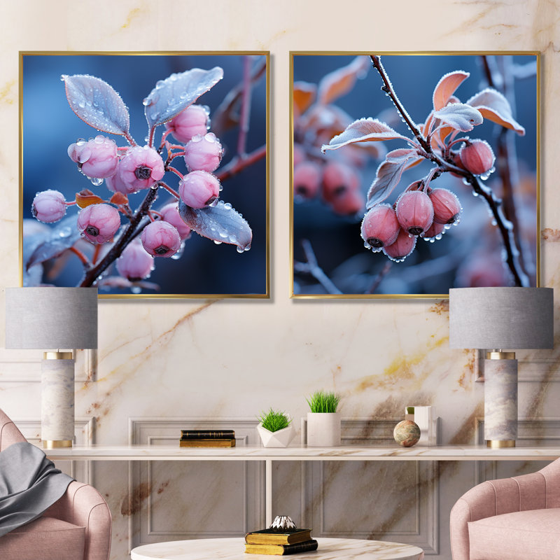 Mauve et bleuet Elegance I - ensemble d'art mural sur toile 2 fruits, Cadre flottant doré, H 30 po x l 61 po x P 1 po