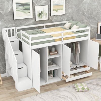 Lit, lit mezzanine fonctionnel avec 3 tablettes, 2 armoires et 2 tiroirs, échelle avec rangement, aucun sommier nécessaire