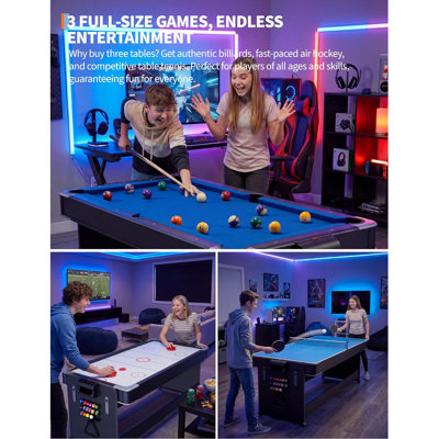 7' 3-in-1 Multi-Game Table with Air Hockey, Billiards & Ping Pong, Full Accessories Included, Flip-Top Design for Game Room, Basement, and Family Fun