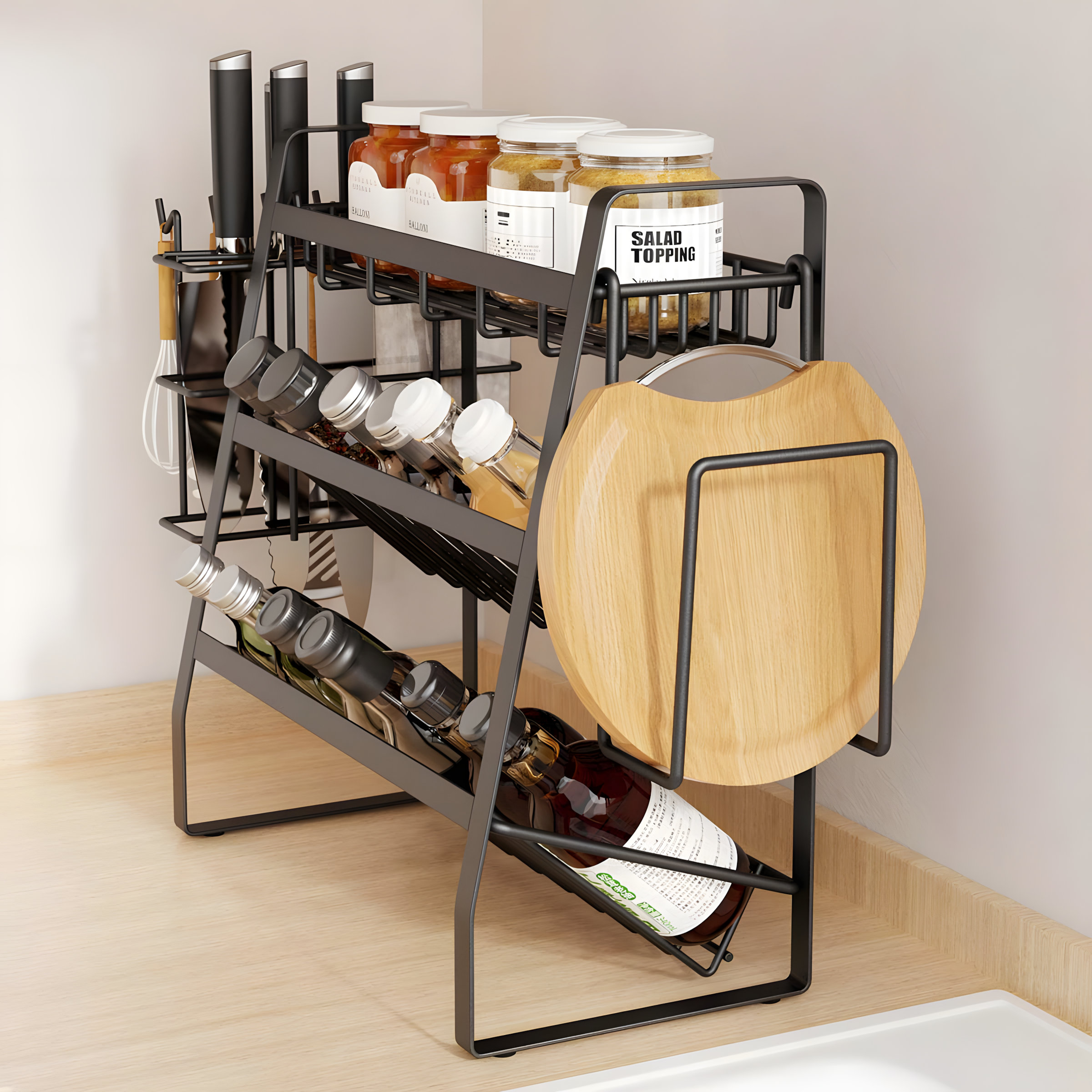Latitude Run® 3-Tier Kitchen Organizer With Spice Rack, Cutting Board ...