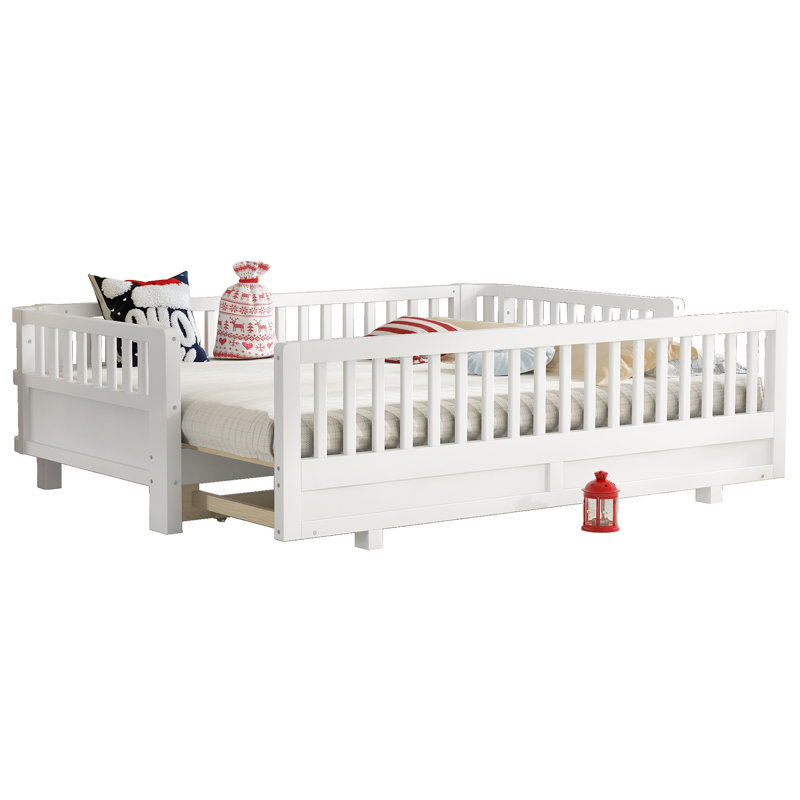 Twin XL Platform Bed with Guardrails, Solid Wood Convertible Twin XL to Queen Bed,White, White