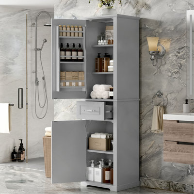 Tall Bathroom Storage Cabinet, Freestanding Storage Cabinet With Two Different Size Doors And Adjustable Shelf, Door Shelve Design, MDF Board With Painted Finish