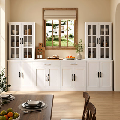 71"H x 94.5"W Farmhouse Wall Unit & Kitchen Pantry Combo, White Wooden Bookcase Storage Cabinet with Glass Doors