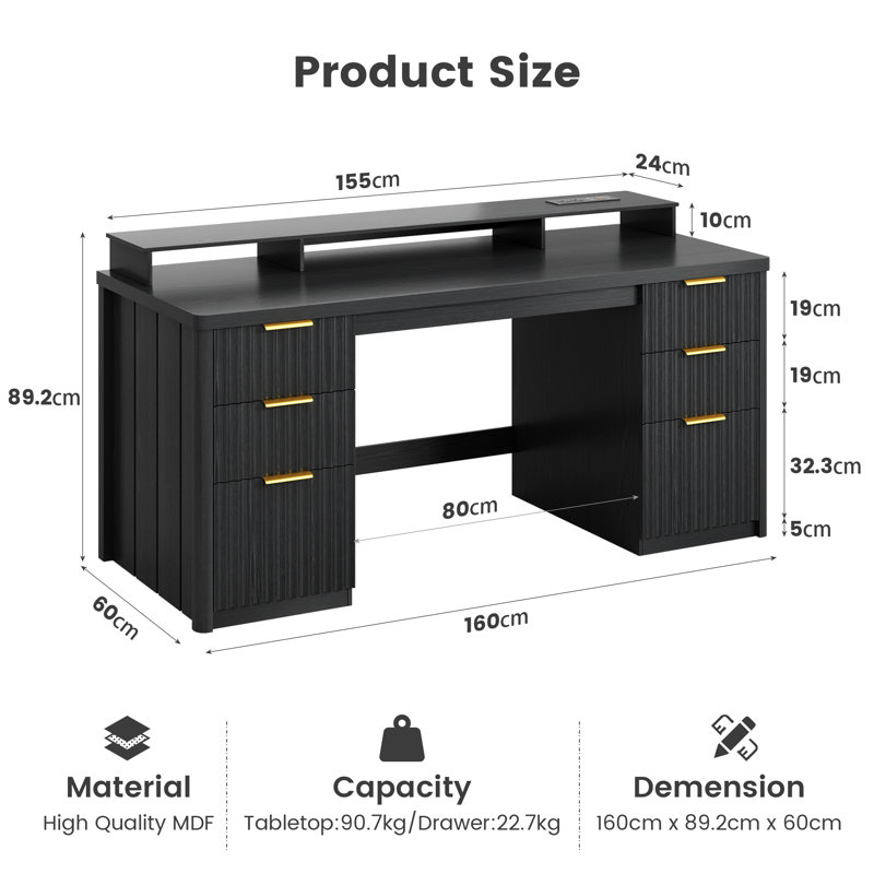 Computer Desk with Built-In Electrical Outlet, Black