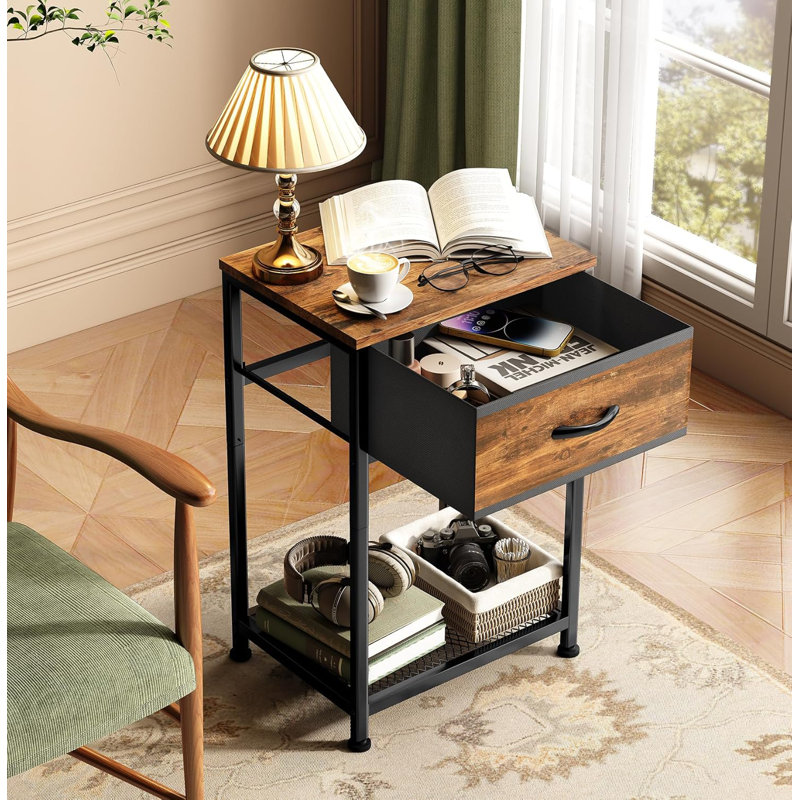 Rustic Brown and Black Wood Nightstands with Fabric Drawer, Set of 2