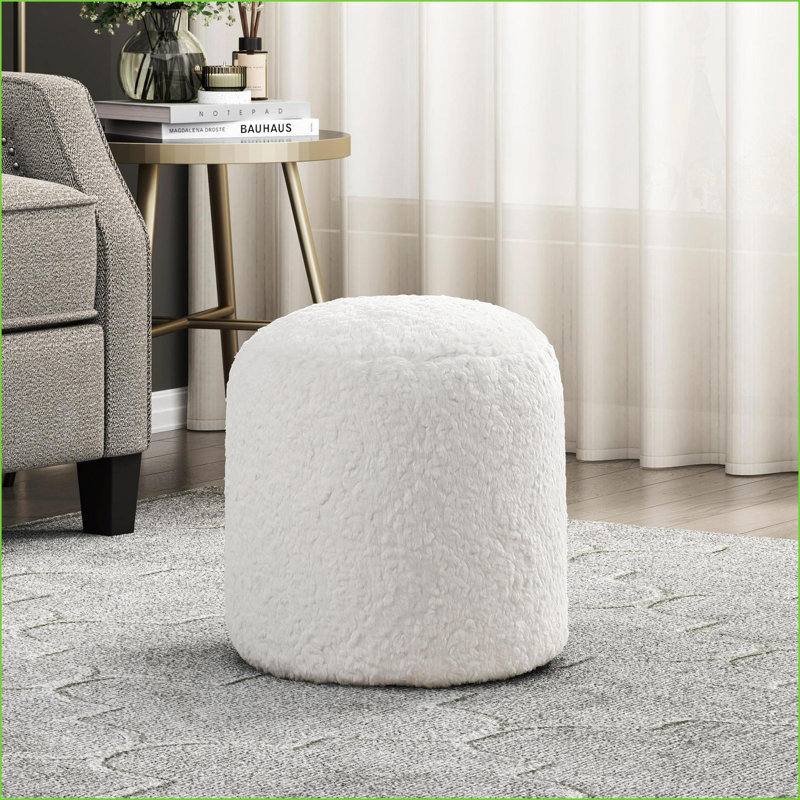 Ottoman, Modern Off-White Faux Fur Non-Slip Footstool Seating | Off-White | Fake Fur
