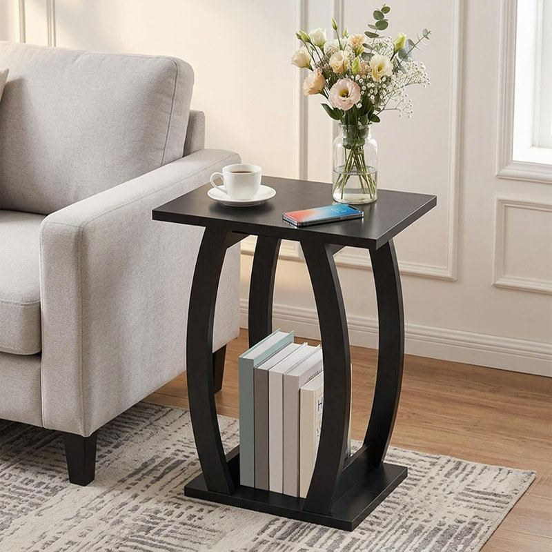 Ensemble de 2 tables d'appoint noires avec tablette de rangement, tables de chevet incurvées modernes pour le salon, la chambre et les petits espaces