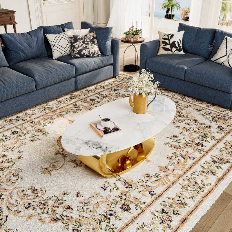 Luxury 51.2 '' L Oval Coffee Table with Slate Top, Large Gold Metal Center Table for Living Room, Gold