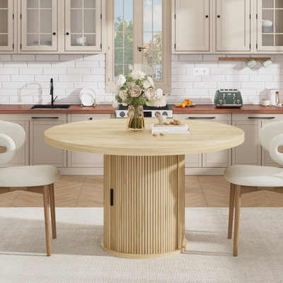 47" Round Dining Table for 4-6, Kitchen Table with 2-Layer Storage Shelf and a Drawer, Farmhouse Circle Dinner Table for Dining Room, Kitchen, Living Room, Natural (Table Only)