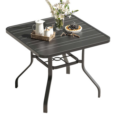 Durable Square Patio Dining Table With Umbrella Hole, Weather-Resistant Metal Furniture For Outdoor Spaces