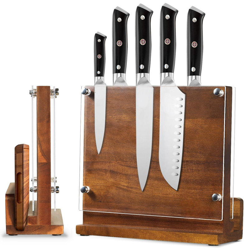 Magnetic Knife Block With Acrylic Shield, Double Side Kitchen Knife Holder Without Knives- Acacia Wood Universal Knife Storage Organizer With Powerful Magnet For Kitchen Counter