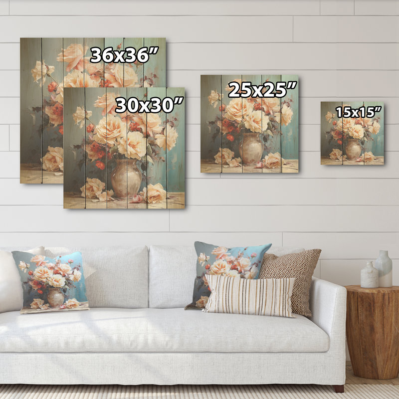 Magnifique bouquet de roses I - Roses, art sur bois de pin naturel, H 36 po x l 36 po