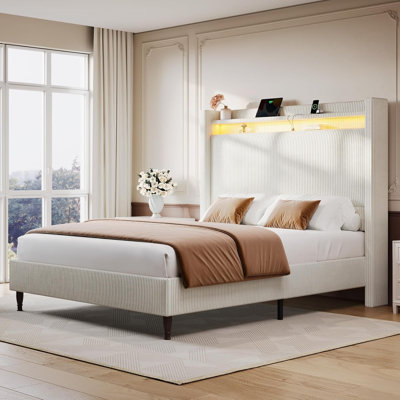 Corduroy Upholstered Platform Bed Frame with Led Lights & Charging Station (Cream White, Full Size)