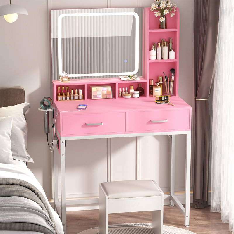 Small Makeup Vanity Desk With Power Outlet, Vanity Desk With Mirror And Lights, Pink