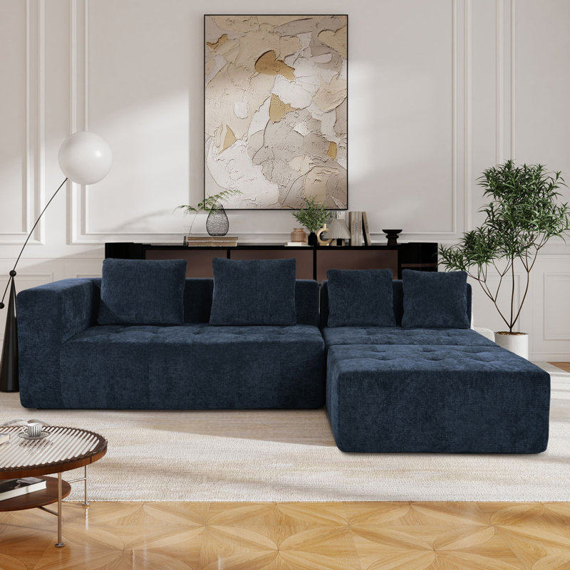 110" Modular Sectional Couch With Reversible Chaises, Dark Blue Polyester