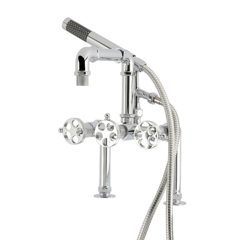 Kingston Brass Webb Three-Handle 2-Hole Deck-Mount Clawfoot Tub Faucet With Knurled Handle And Hand Shower, Polished Chrome