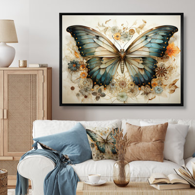 Teal Beige Butterfly Intricate Patterns - Butterfly Wall Art