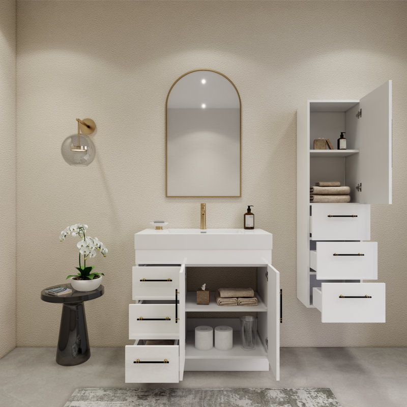 Ensemble de meuble-lavabo simple 36 po avec tiroirs et portes, Blanc lustré