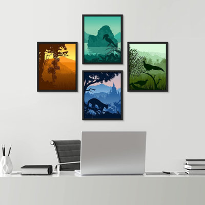 «Jungle tropicale encadrée», ensemble de 4 silhouettes de paysages décorations murales encadrées sur papier, impression de 4 pièces