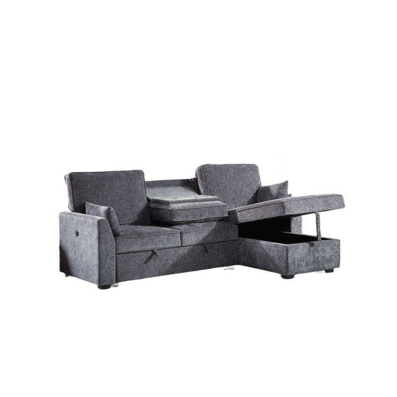 Divan-lit modulaire 89 po Ema, méridienne réversible avec rangement, coussins, gris
