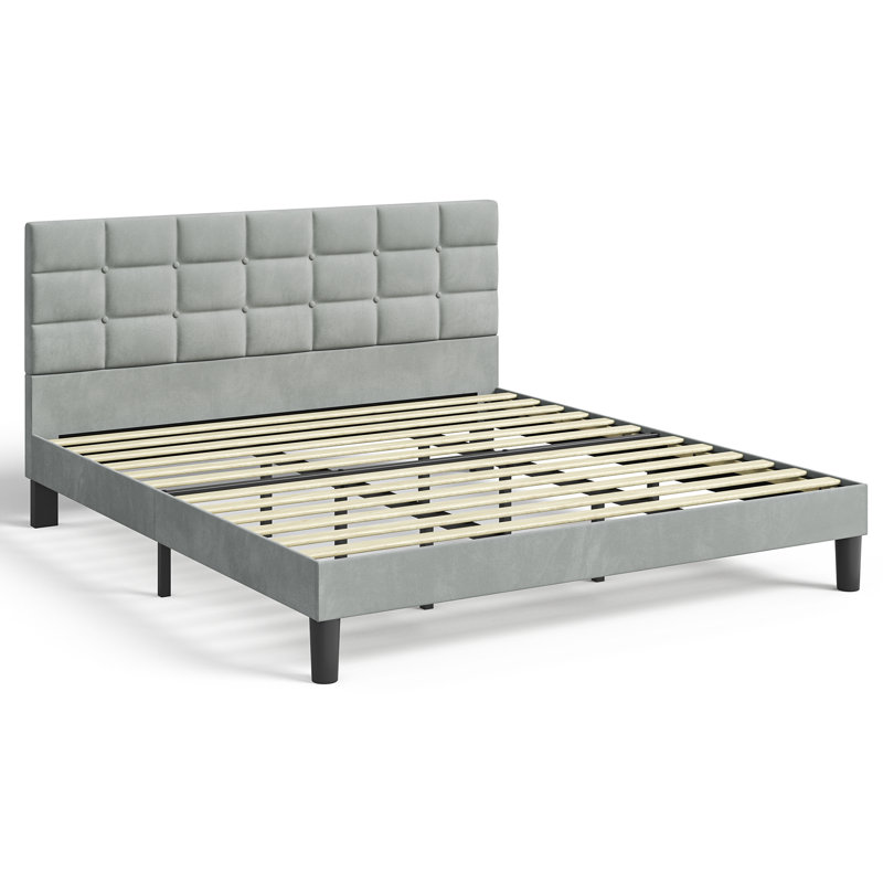 Velvet Upholstered Platform Bed with Headboard, Super King (6')