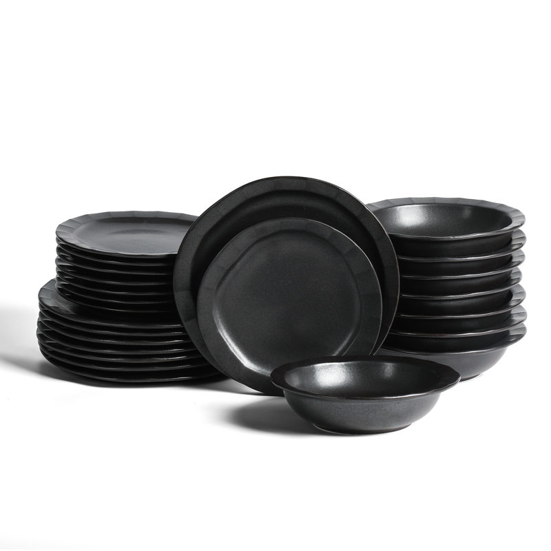 Stone Lain Oasis Stoneware 24 Piece Dinnerware Dish Set, Service for 8, Black, Black