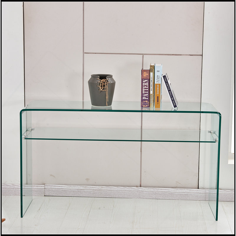 Console en verre, console en verre trempé transparent avec bureaux à bords arrondis, table de canapé